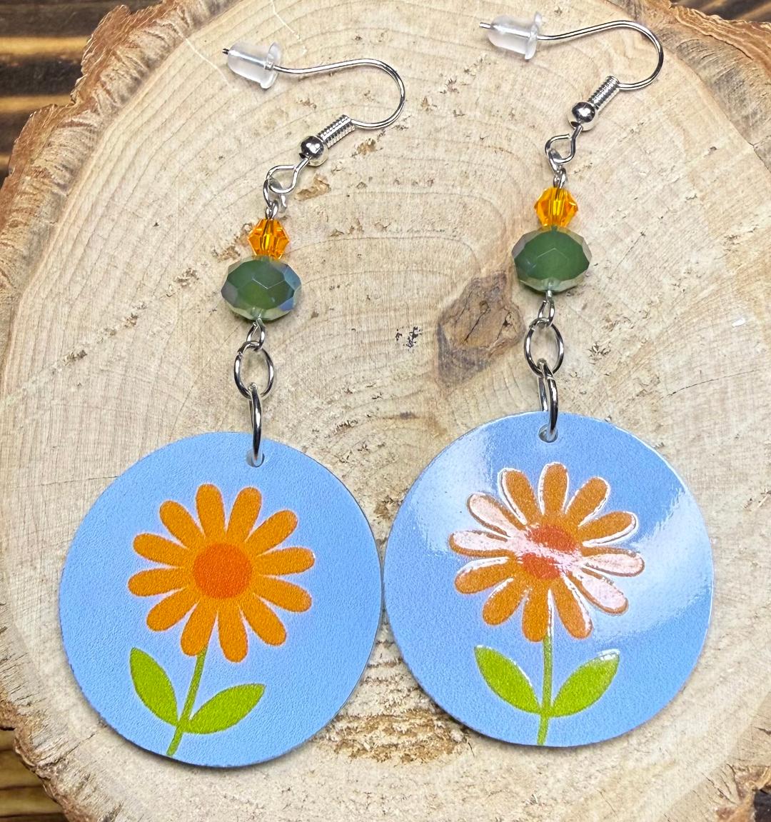 NEW Orange Daisy Acrylic Earrings w/ Green & Orange Beads