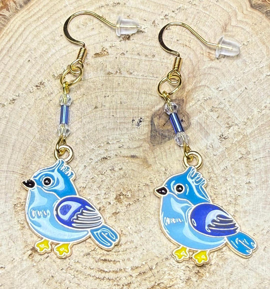 NEW Blue Bird Enamel Charm Earrings w/ Czech Glass Blue Beads