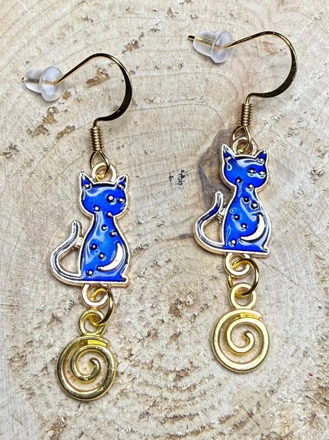 NEW Royal Blue Enamel Cat Earrings w/ Swirl Charm