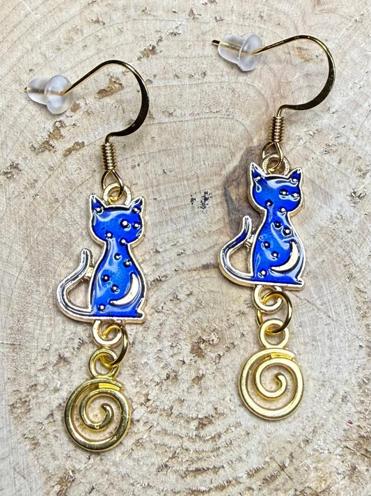 NEW Royal Blue Enamel Cat Earrings w/ Swirl Charm