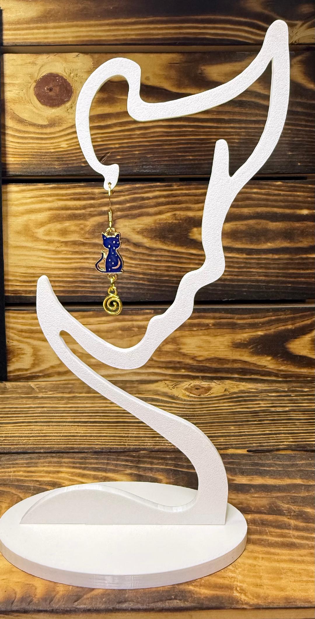 NEW Royal Blue Enamel Cat Earrings w/ Swirl Charm