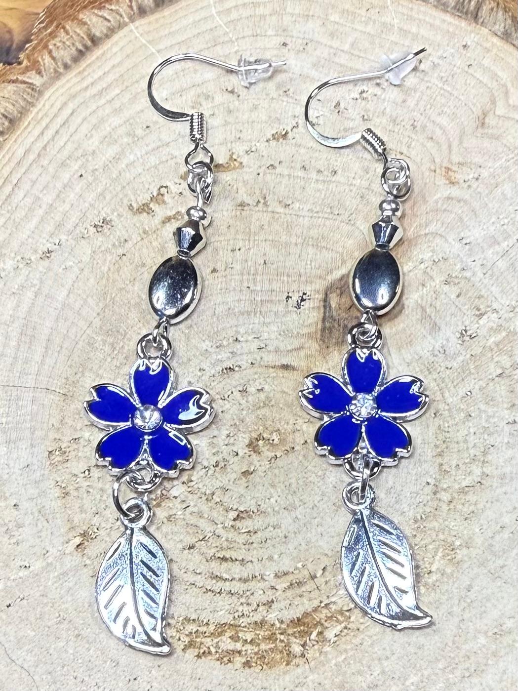 NEW Blue Enamel Flower w/ Rhinestone Center Earrings & Silver Leaf Charms