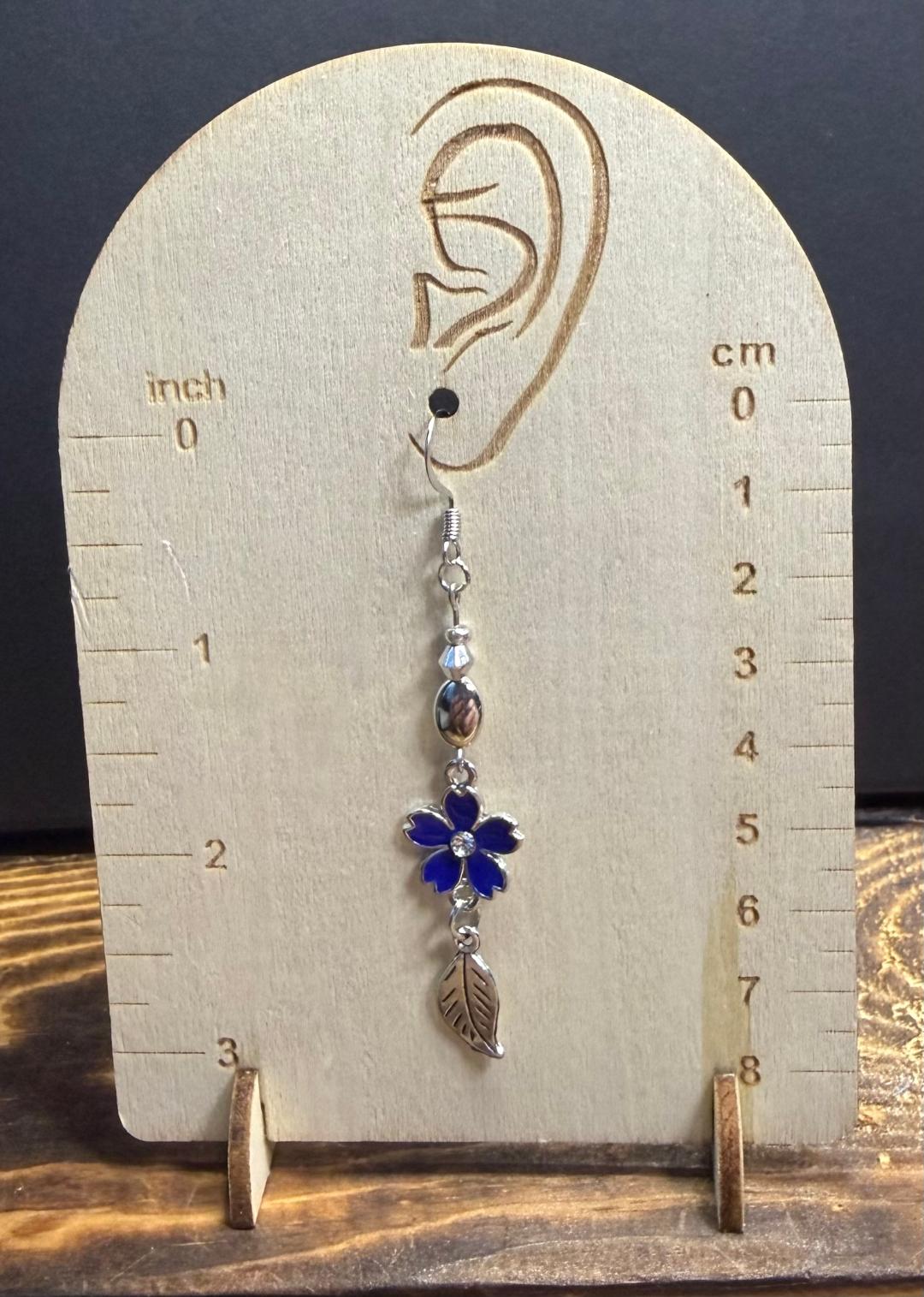 NEW Blue Enamel Flower w/ Rhinestone Center Earrings & Silver Leaf Charms