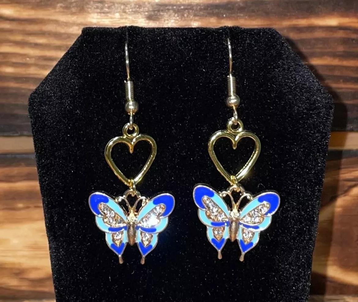 NEW Blue & Teal Enamel & Rhinestone Gold Tone Butterfly / Heart Earrings