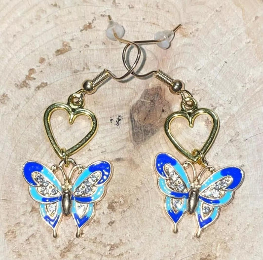 NEW Blue & Teal Enamel & Rhinestone Gold Tone Butterfly / Heart Earrings