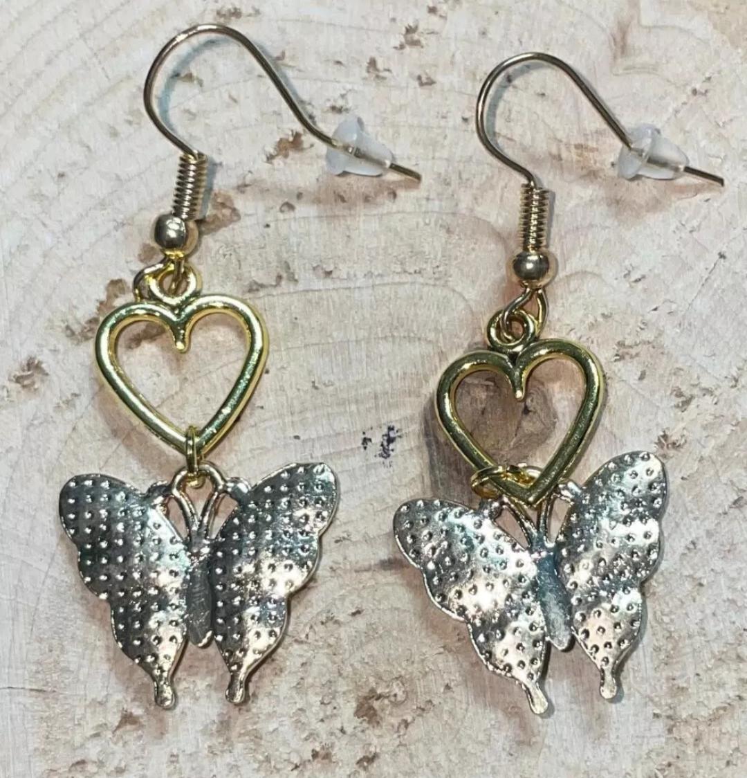 NEW Blue & Teal Enamel & Rhinestone Gold Tone Butterfly / Heart Earrings