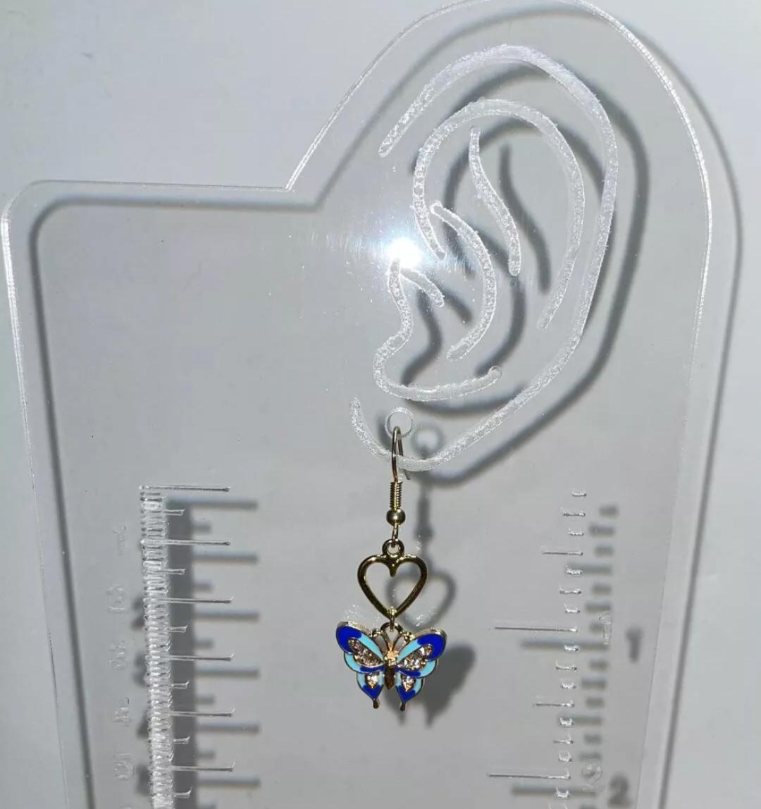 NEW Blue & Teal Enamel & Rhinestone Gold Tone Butterfly / Heart Earrings