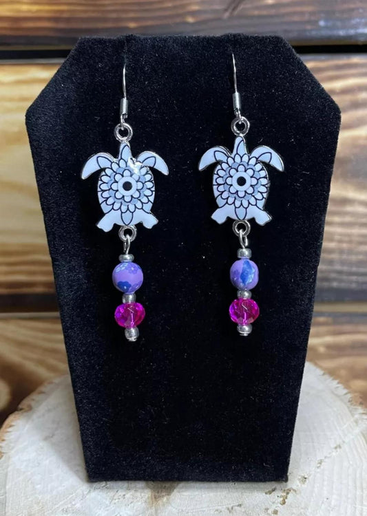 NEW Handmade Boho Hippie Blue Sea Enamel Turtle Charm & Beaded Earrings