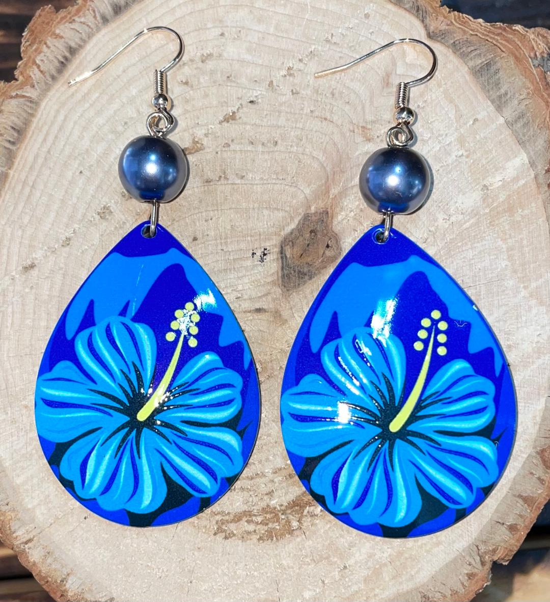 NEW Teardrop Vibrant Tropical Blue Flower Acrylic Earrings