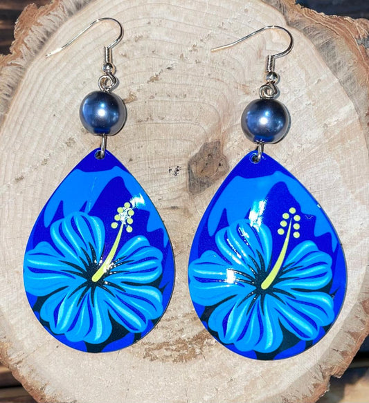 NEW Teardrop Vibrant Tropical Blue Flower Acrylic Earrings