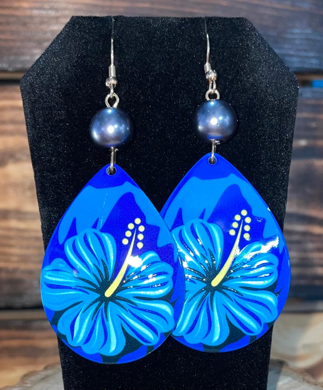 NEW Teardrop Vibrant Tropical Blue Flower Acrylic Earrings