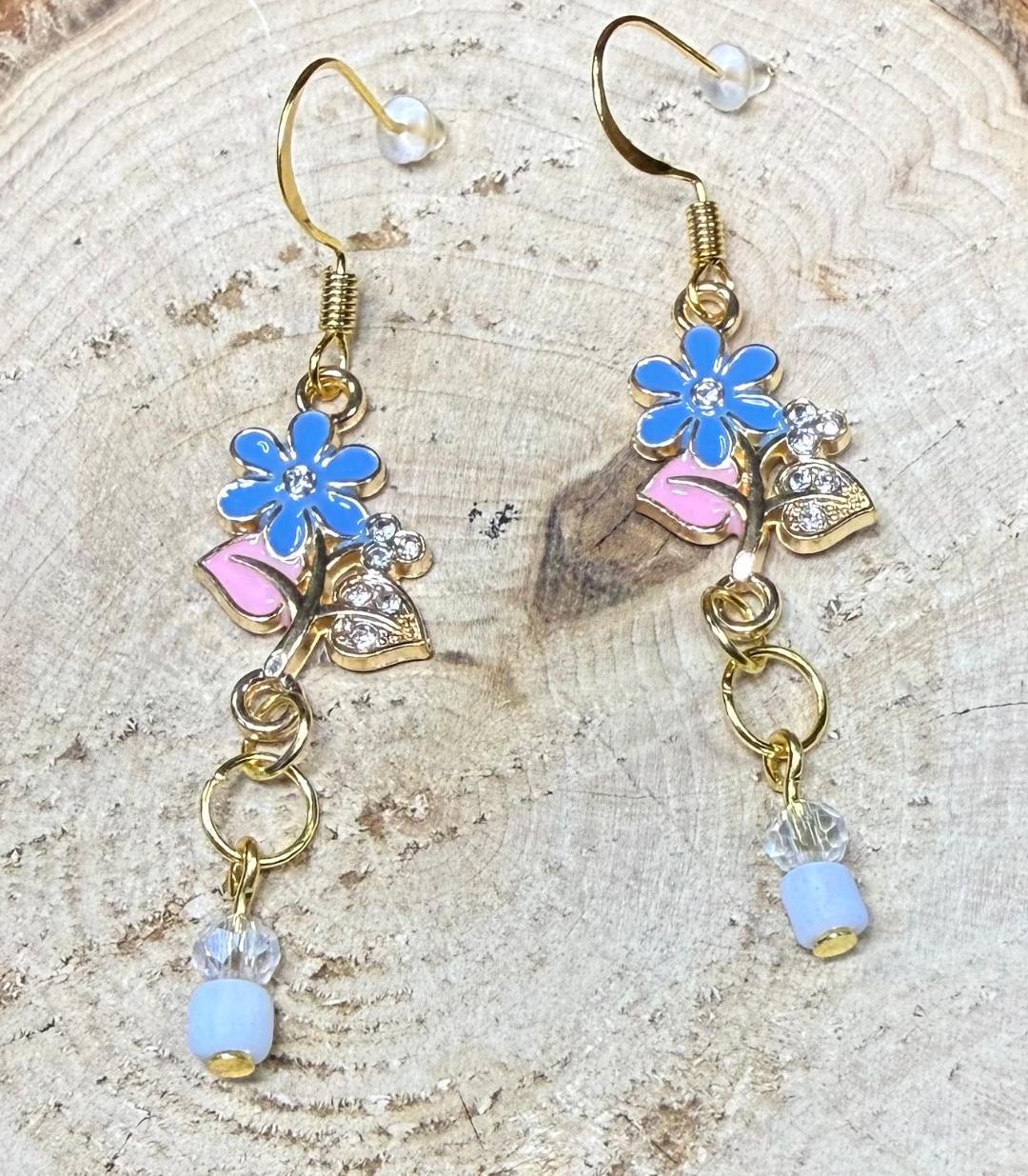 NEW Blue & Pink Flower w/ Rhinestone Charm Earrings