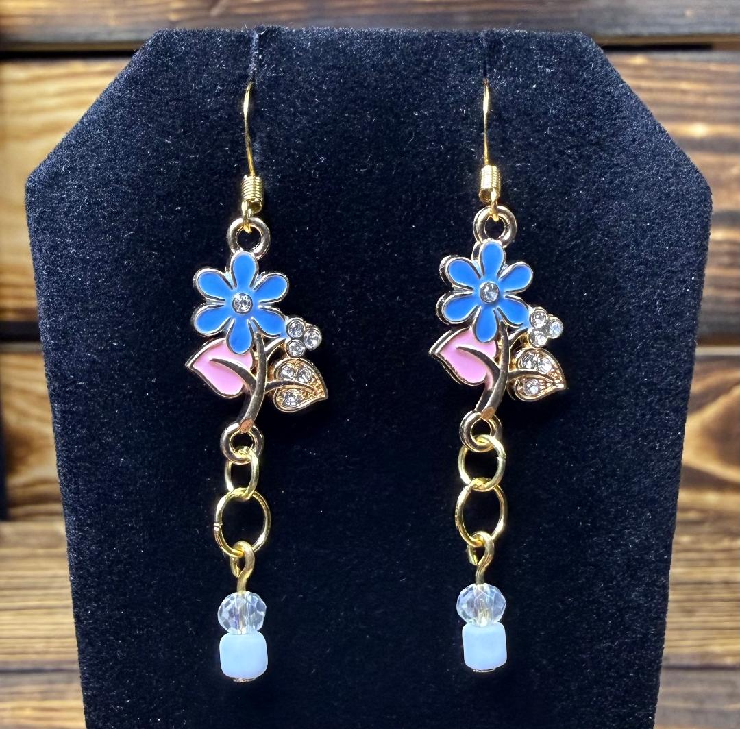 NEW Blue & Pink Flower w/ Rhinestone Charm Earrings