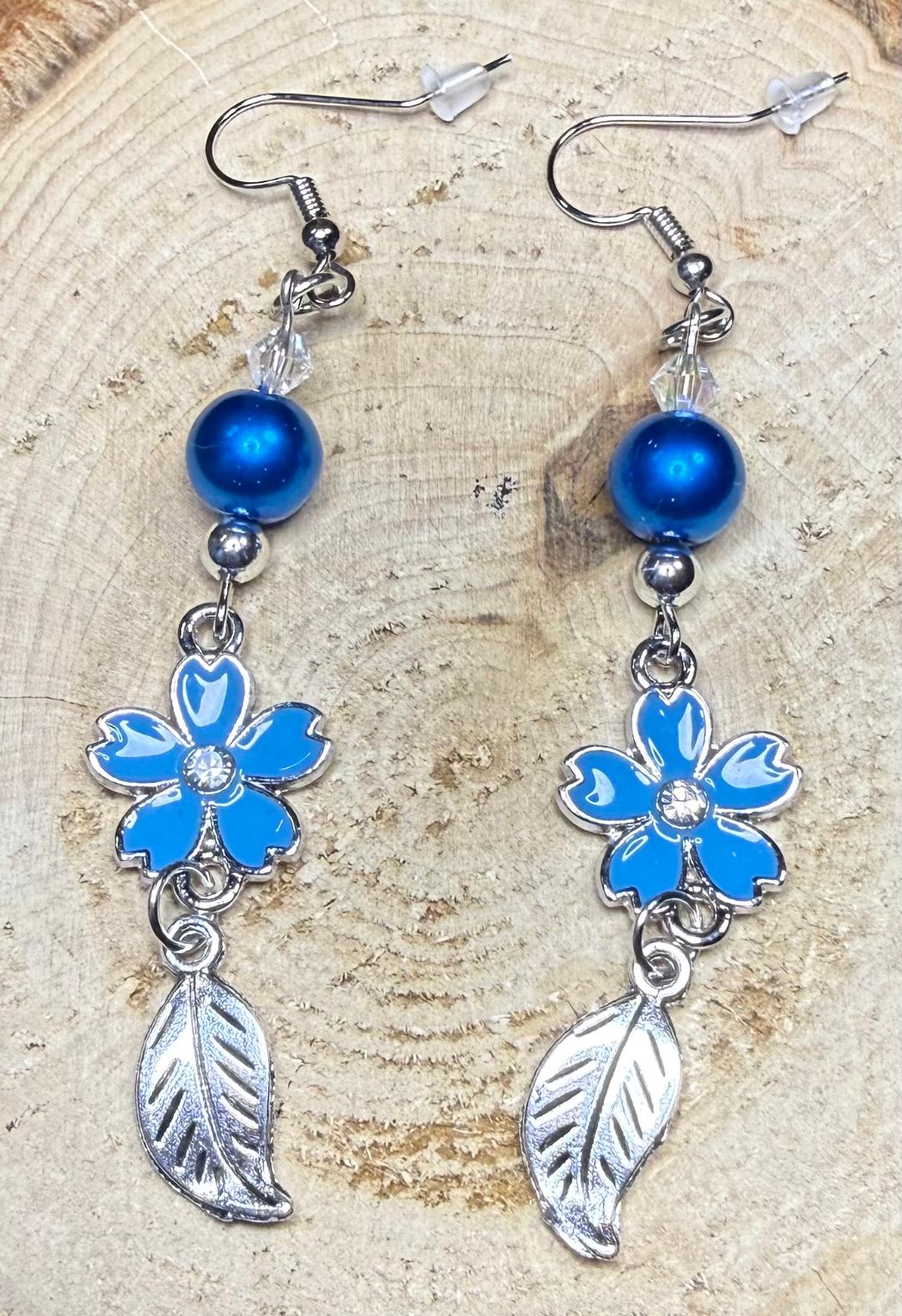 NEW Rhinestone Center Blue Flower Earrings, Silver Leaf Charm w/ Blue & Clear Glass Beads