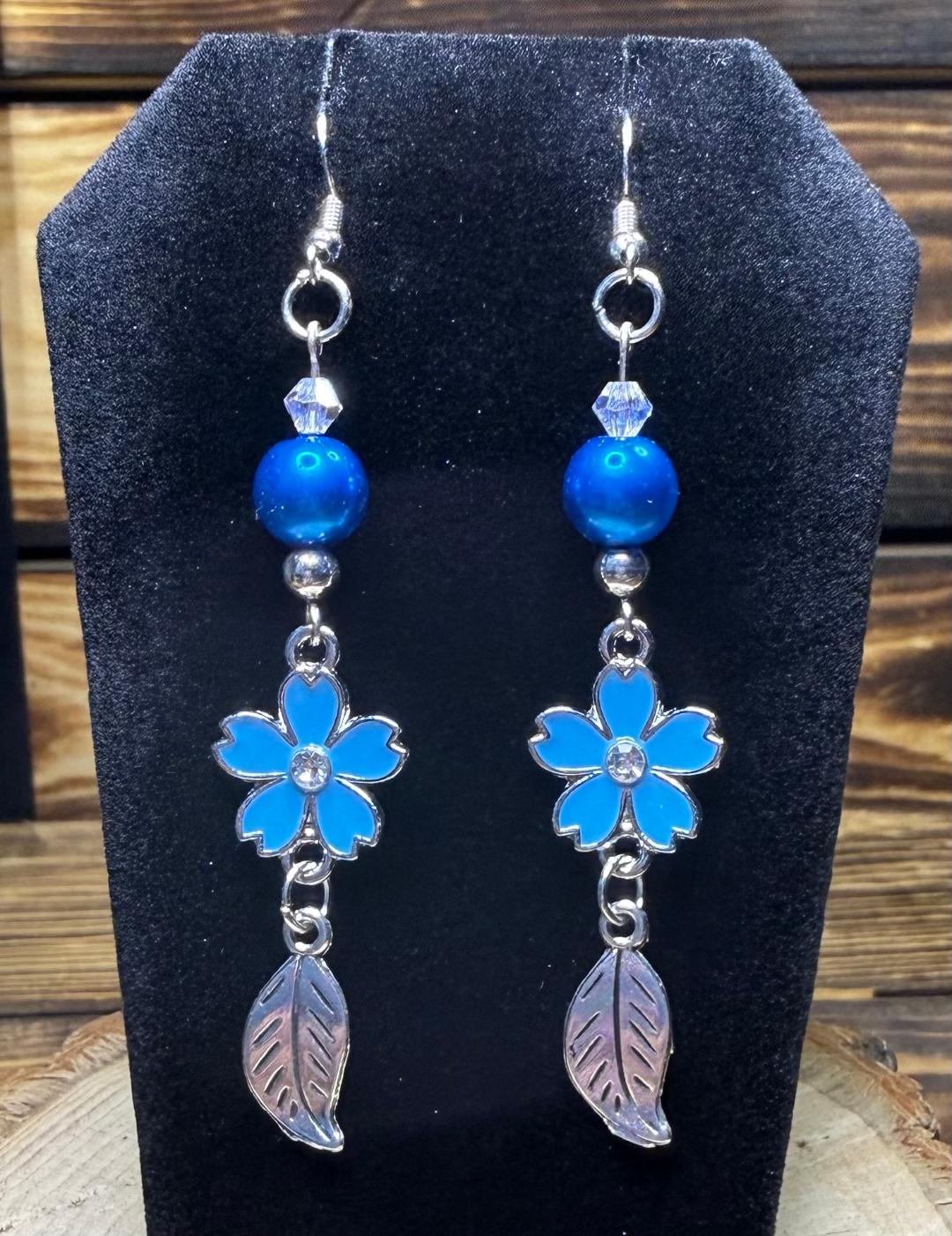 NEW Rhinestone Center Blue Flower Earrings, Silver Leaf Charm w/ Blue & Clear Glass Beads