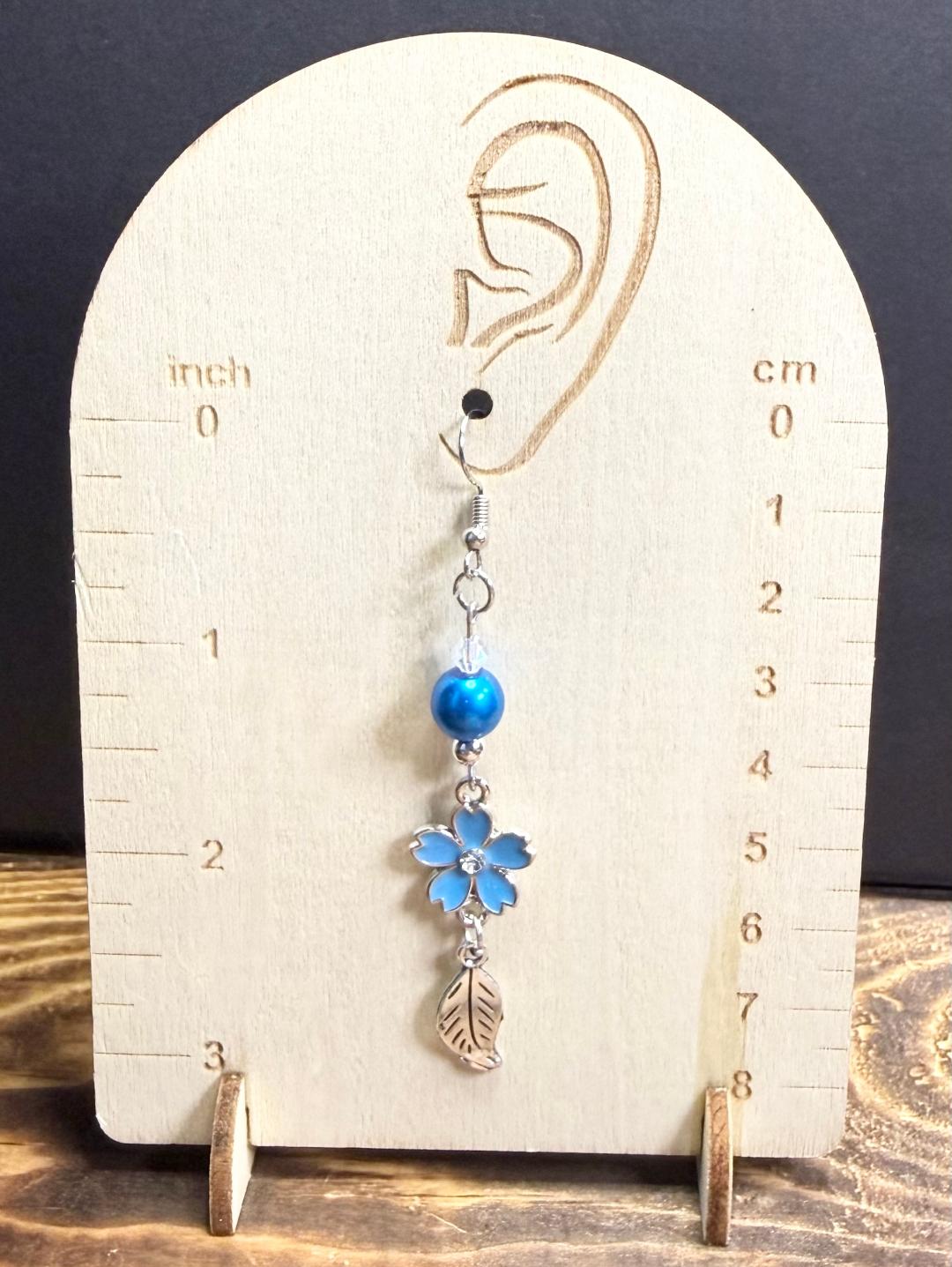 NEW Rhinestone Center Blue Flower Earrings, Silver Leaf Charm w/ Blue & Clear Glass Beads