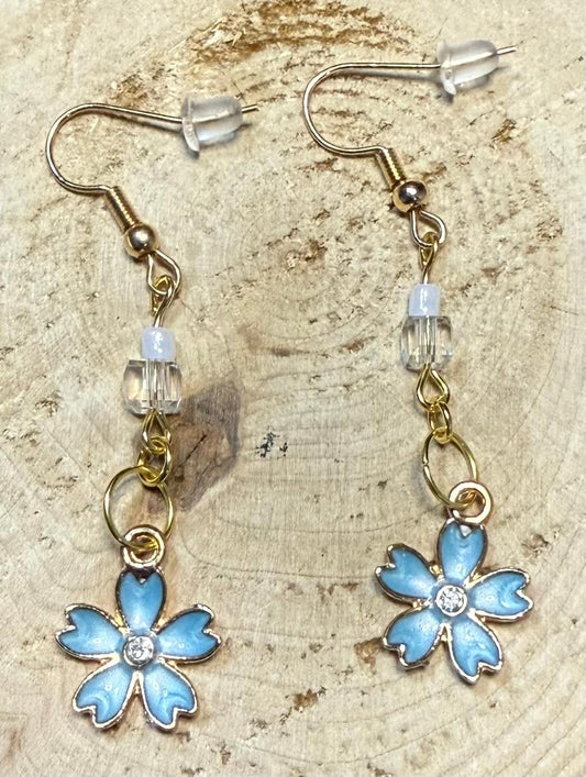 NEW Rhinestone Center Enamel Blue Flower & Bead Earrings