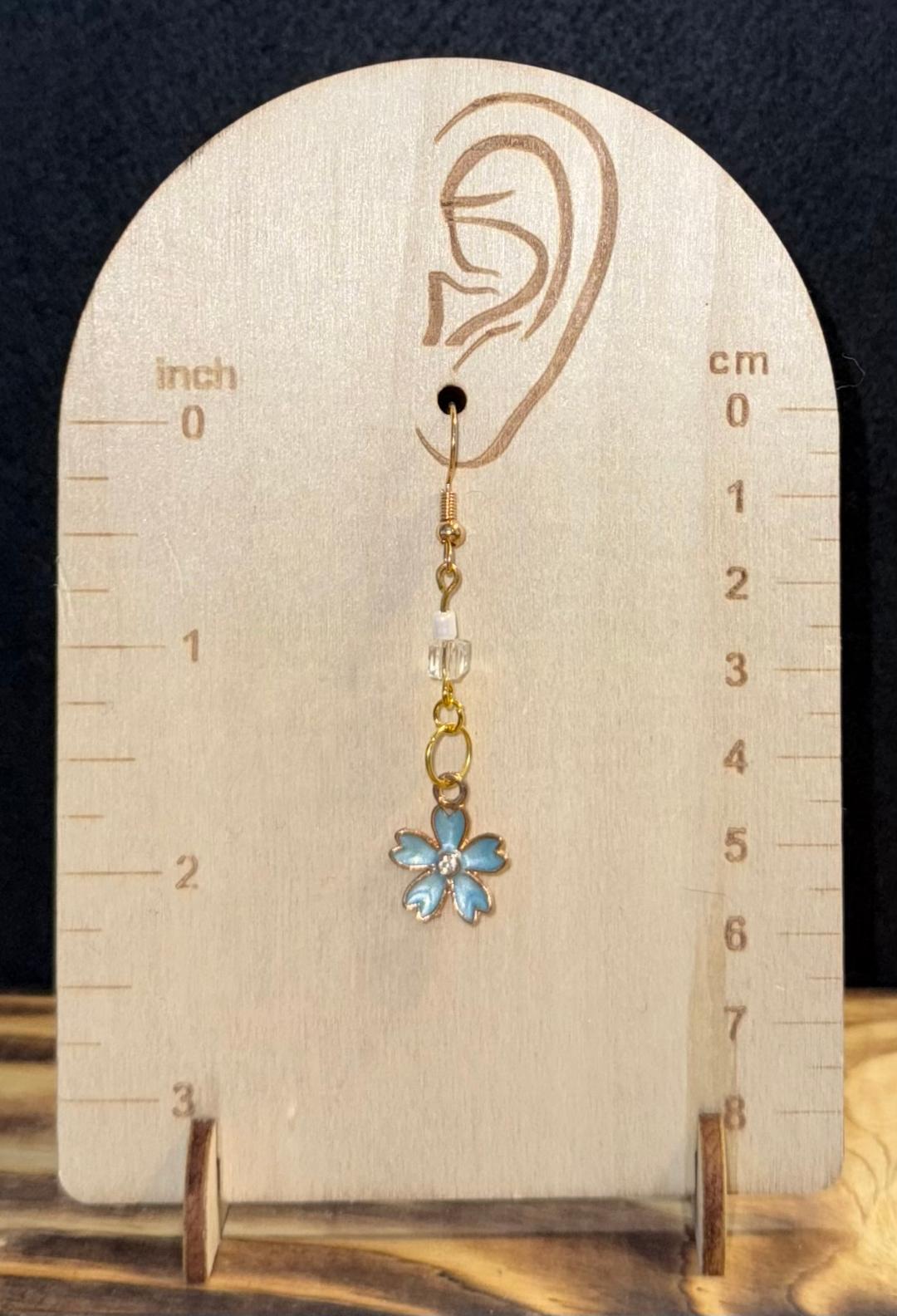 NEW Rhinestone Center Enamel Blue Flower & Bead Earrings