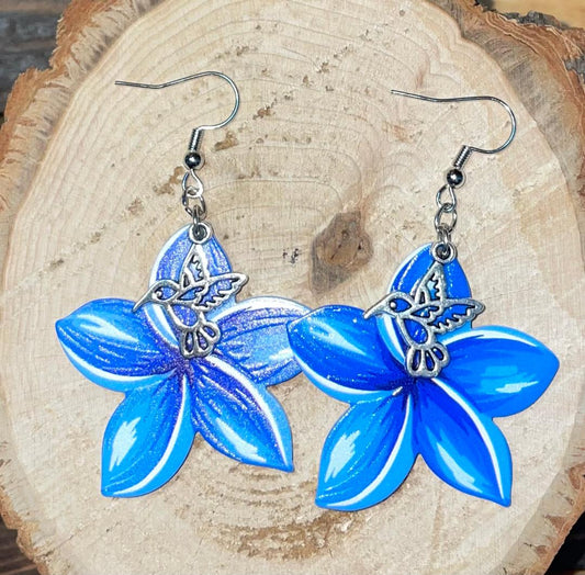 NEW Double Sided Acrylic Blue Flower Earrings w/ Hummingbird Accent Charms