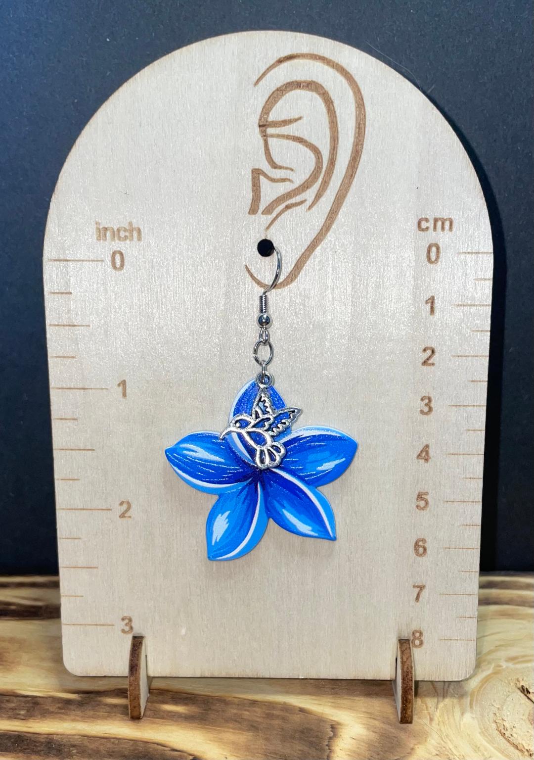 NEW Double Sided Acrylic Blue Flower Earrings w/ Hummingbird Accent Charms