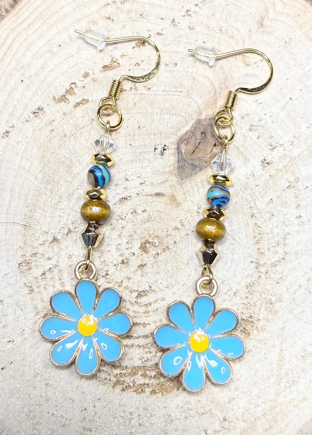 NEW Blue Daisy Charm Earrings w/ Wood & Glass Beads