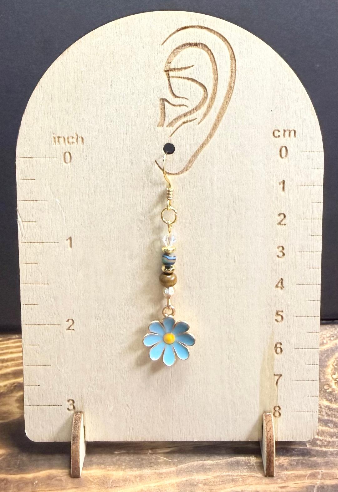 NEW Blue Daisy Charm Earrings w/ Wood & Glass Beads
