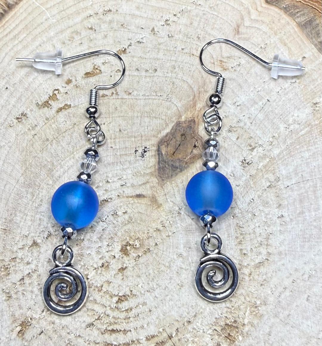 NEW Art Deco Style Frosted Blue Glass Bead Earrings w/ Swirl Charms