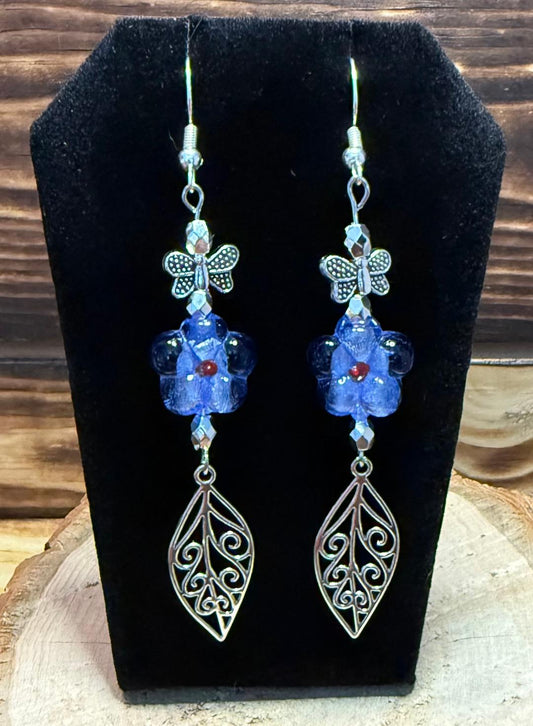 NEW Blue Glass Flower w/ Filigree Leaf & Butterfly Earrings