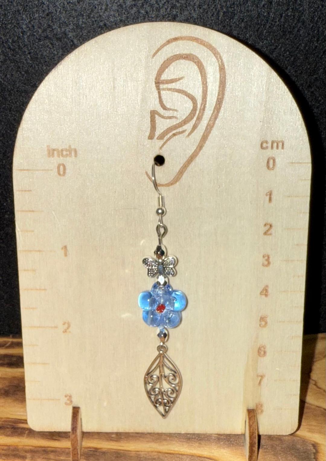 NEW Blue Glass Flower w/ Filigree Leaf & Butterfly Earrings
