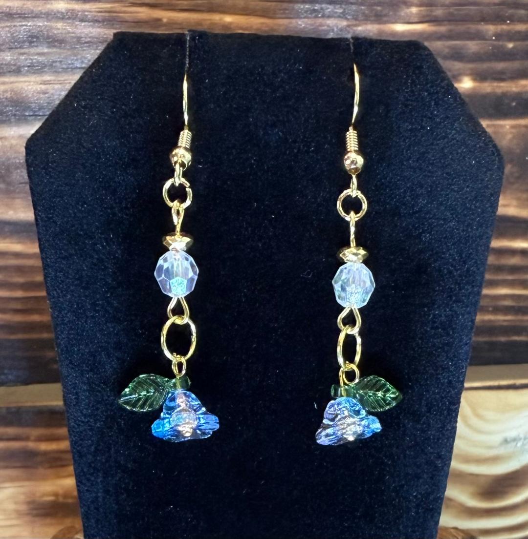 NEW Blue Glass Trumpet Flower Pendant & Bead Earrings
