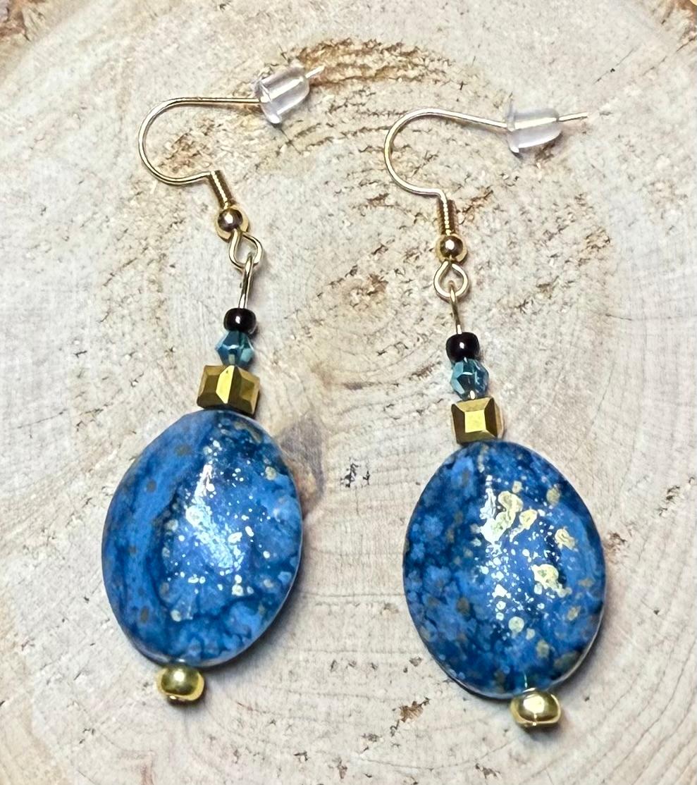 NEW Ocean Blue & Gold Oval Charm Earrings w/ Glass Beads