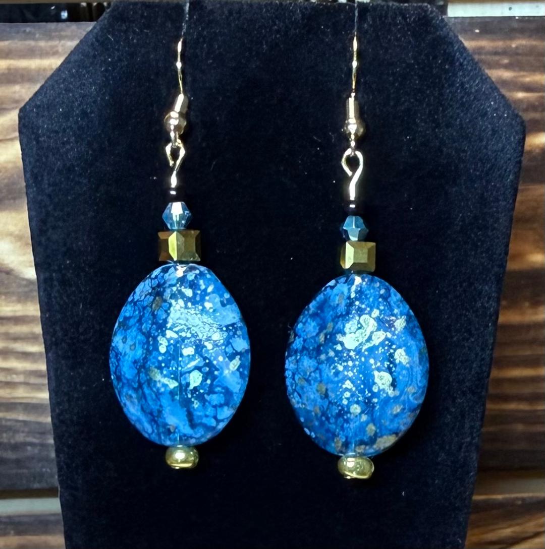 NEW Ocean Blue & Gold Oval Charm Earrings w/ Glass Beads