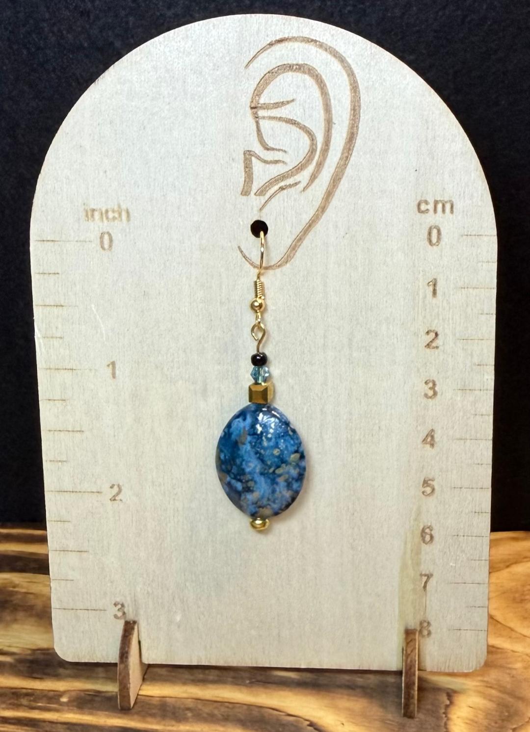 NEW Ocean Blue & Gold Oval Charm Earrings w/ Glass Beads