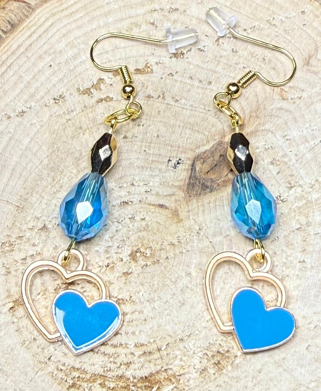 NEW Blue & Gold Heart Charm Earrings w/ Oval Blue Glass Beads