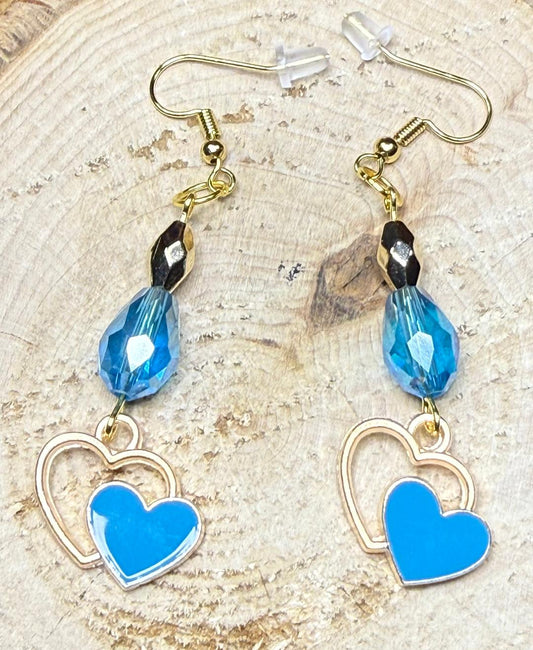 NEW Blue & Gold Heart Charm Earrings w/ Oval Blue Glass Beads