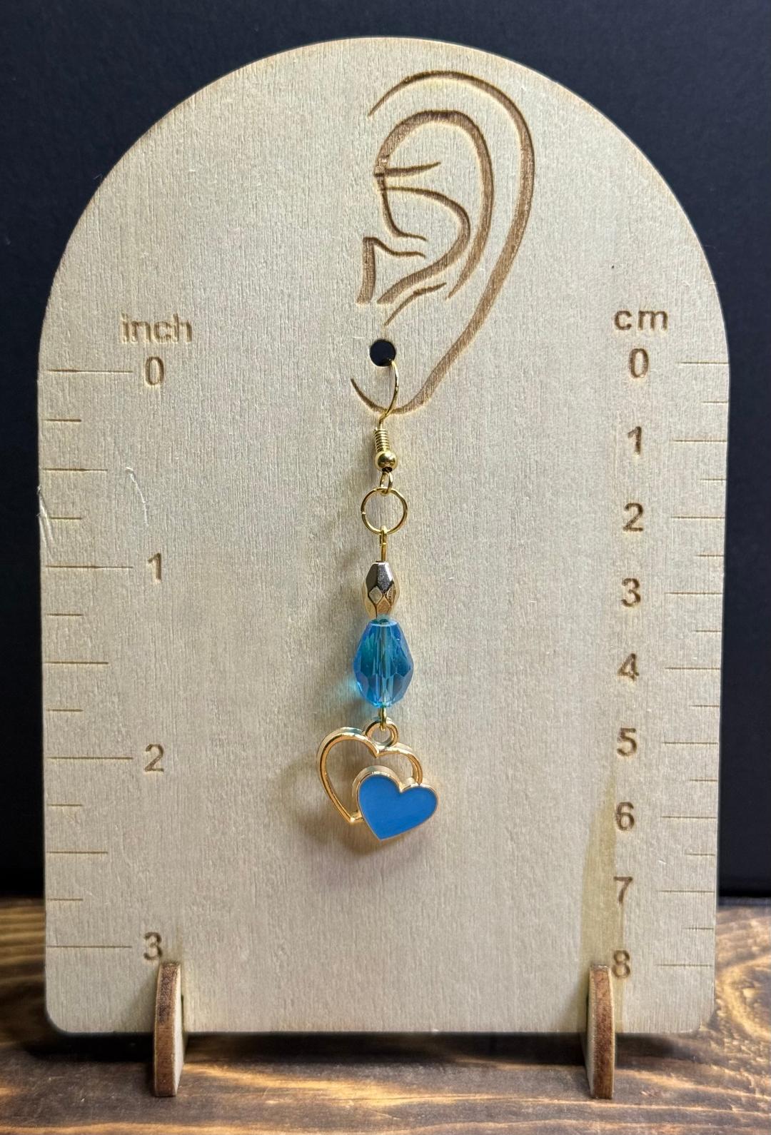 NEW Blue & Gold Heart Charm Earrings w/ Oval Blue Glass Beads