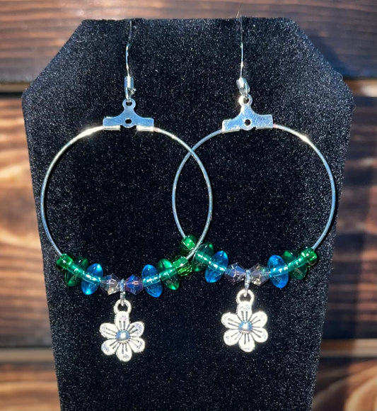 NEW Hippie Boho Silver Tone Hoop Beaded Flower Earrings
