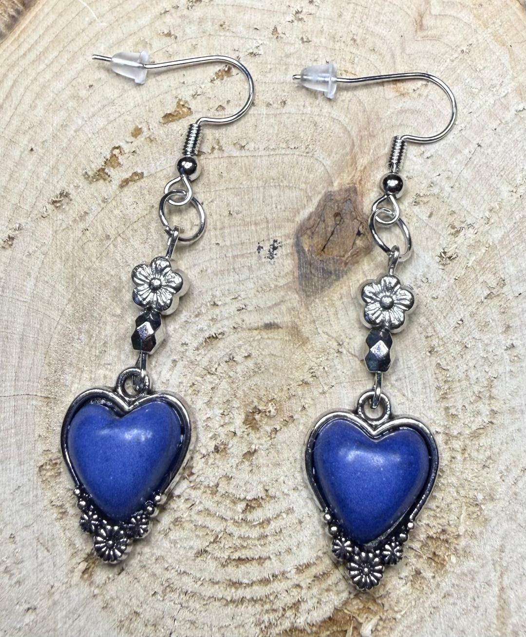 NEW Blue Heart Charm Earrings w/ Flower Beads