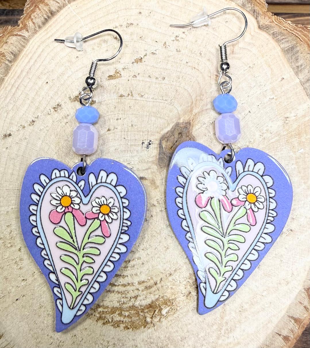 NEW Blue Heart with Floral Center Earrings w/ Pink & Blue Beads