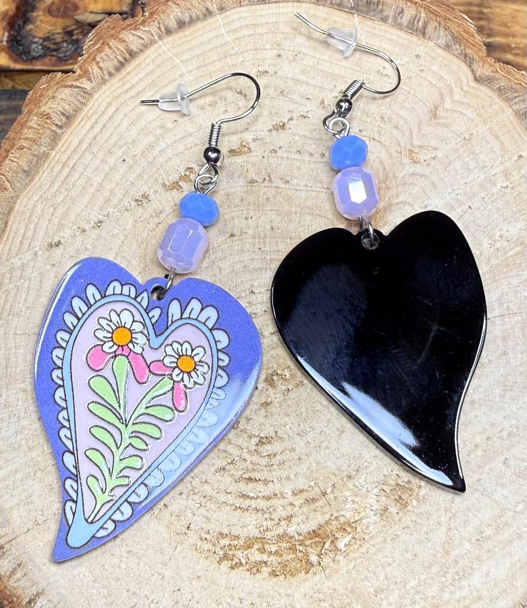 NEW Blue Heart with Floral Center Earrings w/ Pink & Blue Beads