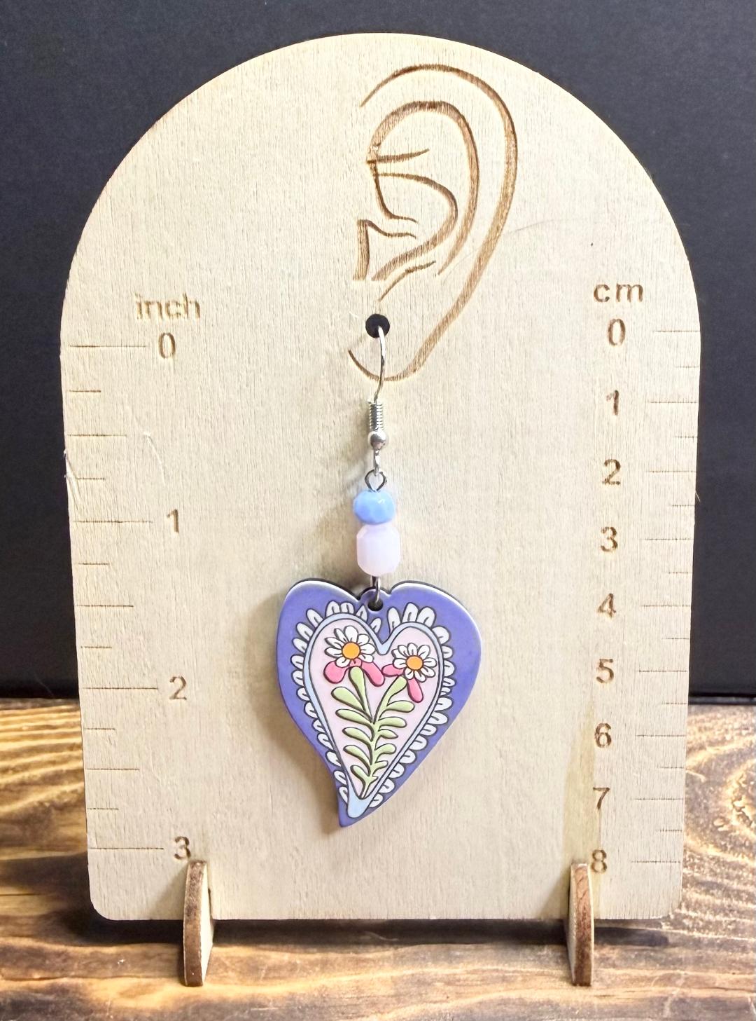 NEW Blue Heart with Floral Center Earrings w/ Pink & Blue Beads