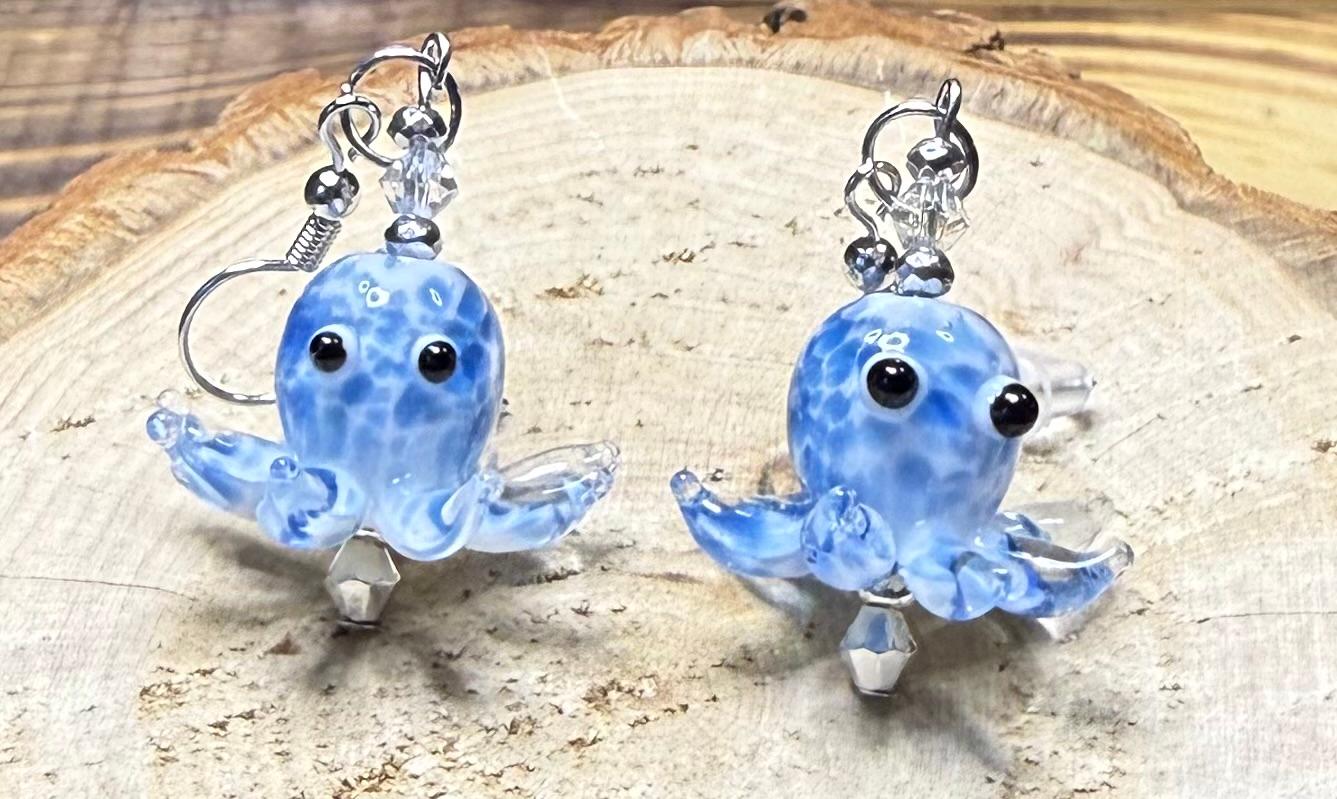 NEW Lampwork Marbled Glass Blue Octopus Earrings w/ Glass Beads