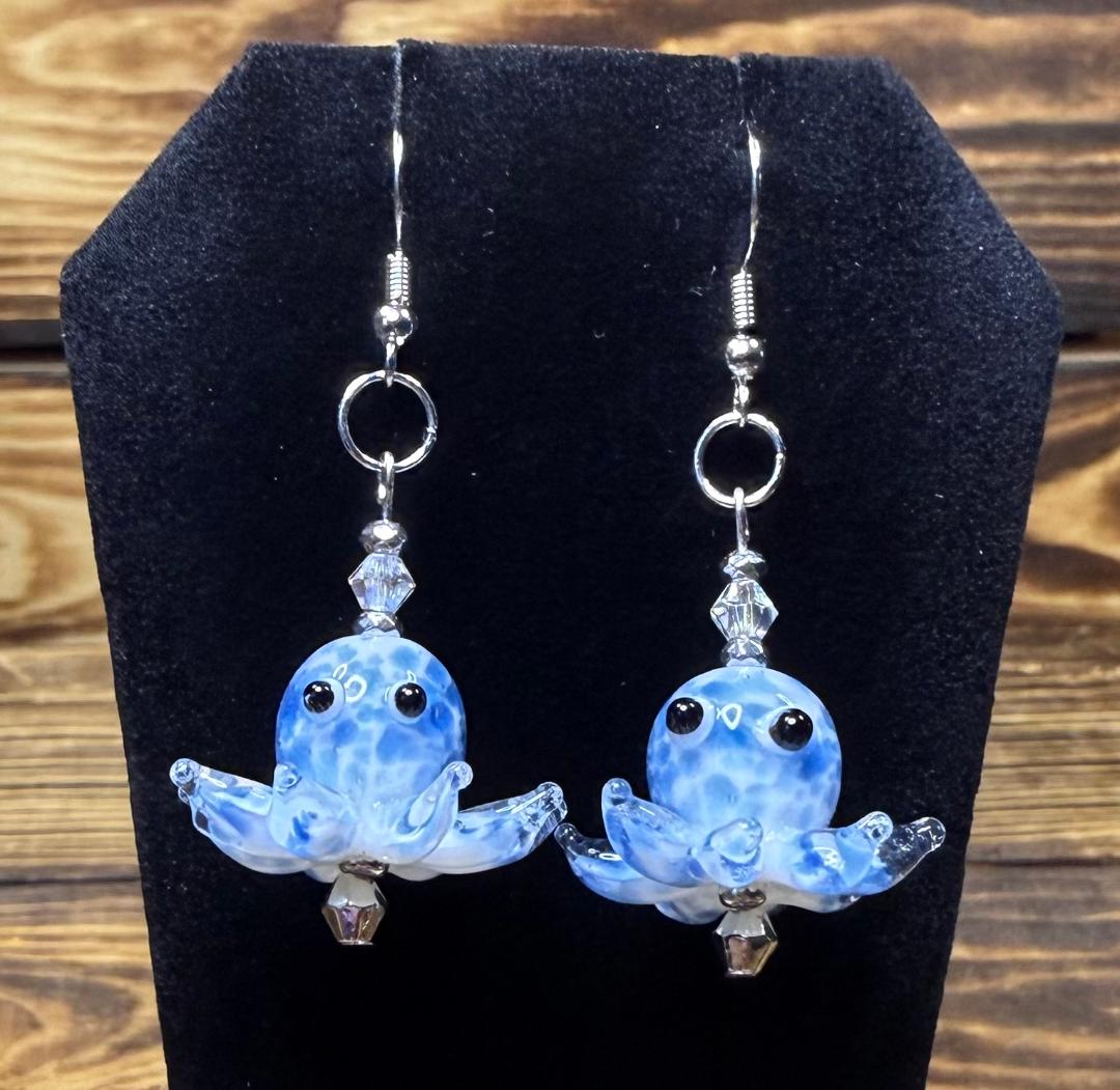 NEW Lampwork Marbled Glass Blue Octopus Earrings w/ Glass Beads