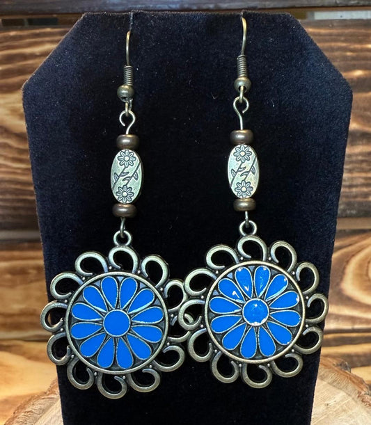 NEW Bronze Circle Charm Flower Earrings w/ Blue Enamel