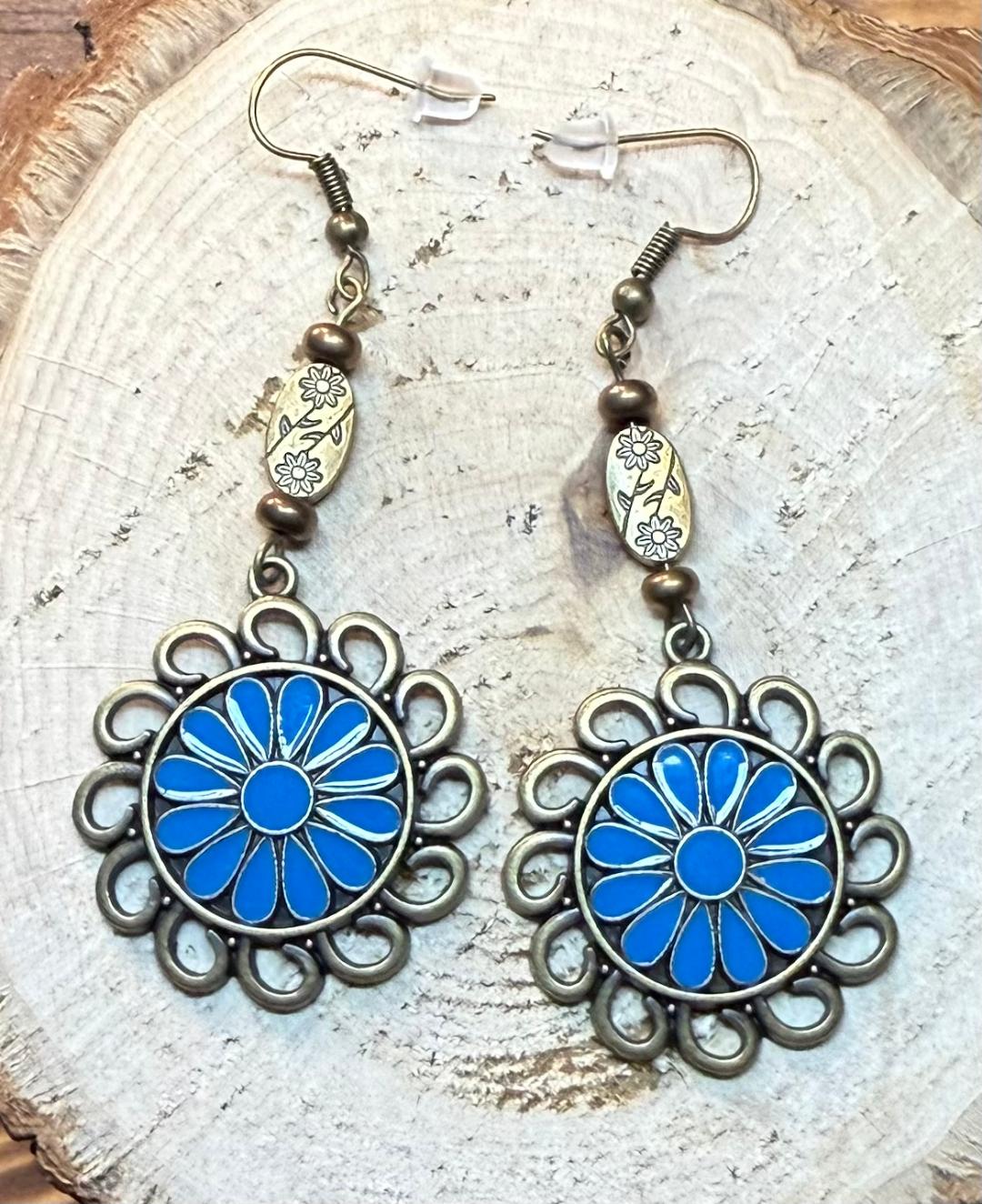 NEW Bronze Circle Charm Flower Earrings w/ Blue Enamel