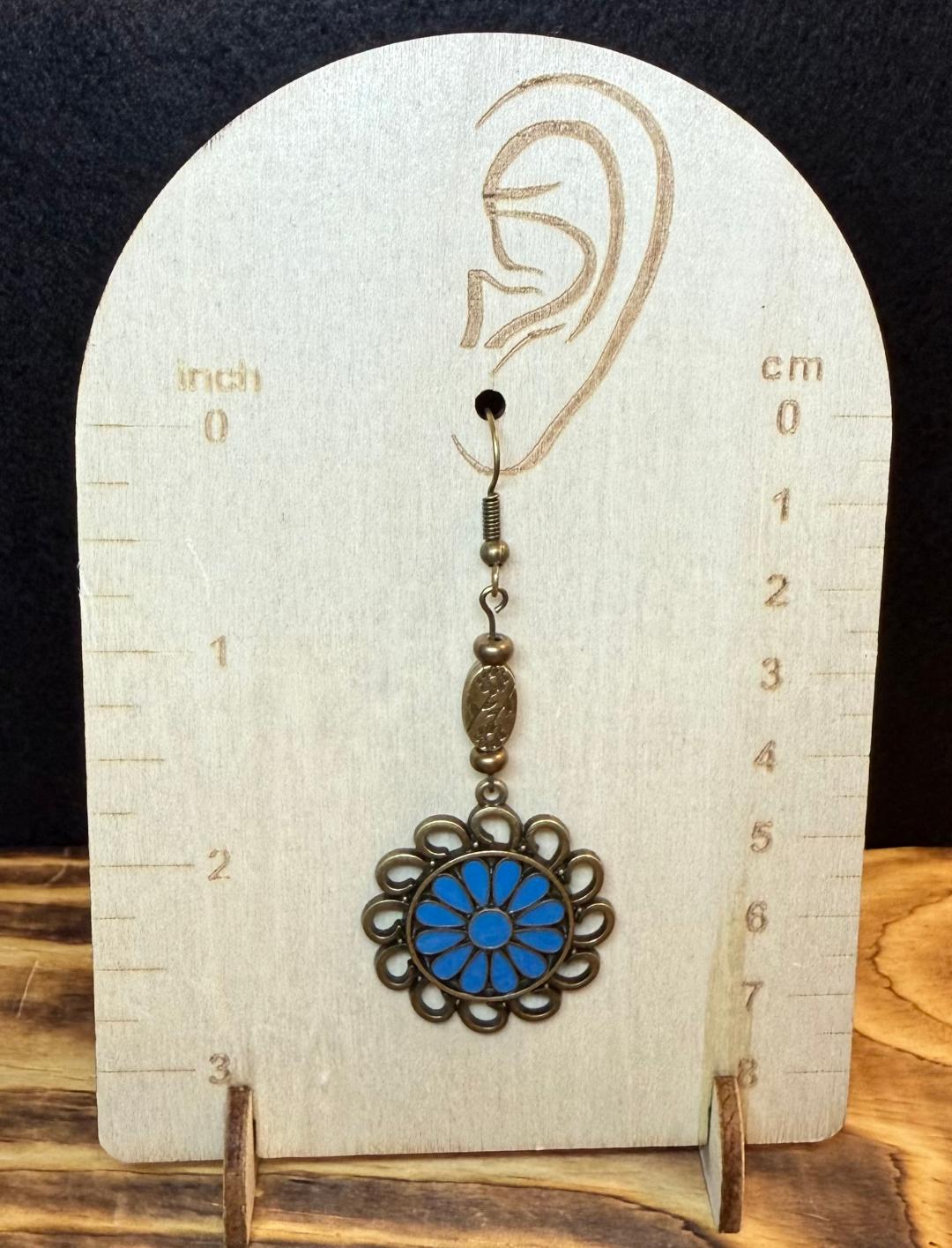 NEW Bronze Circle Charm Flower Earrings w/ Blue Enamel