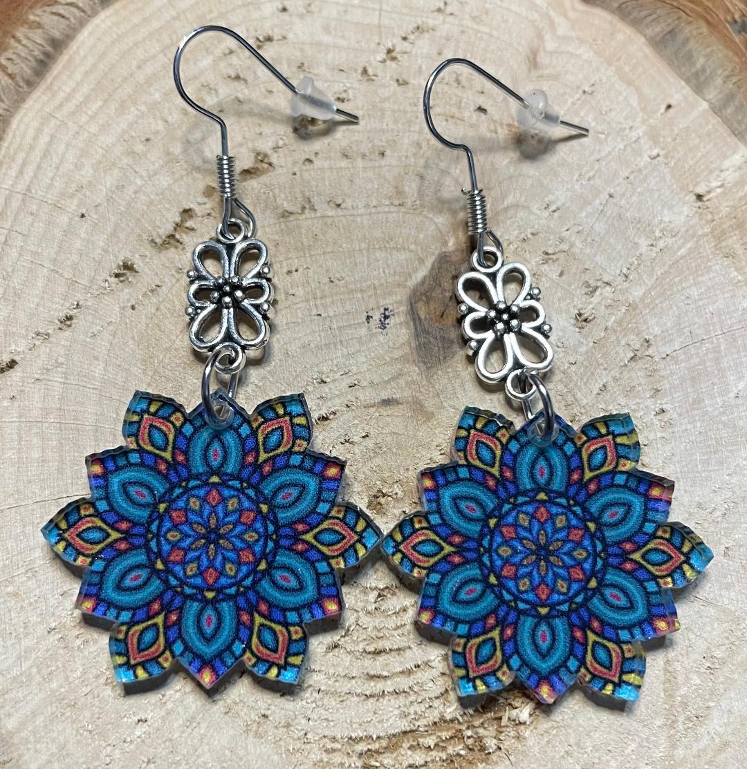 NEW Vibrant Blue Acrylic Boho Mandala Drop Dangle Earrings