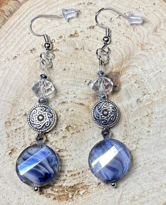 NEW Blue Marbled Glass Charm Earrings w/ Clear Glass Beads