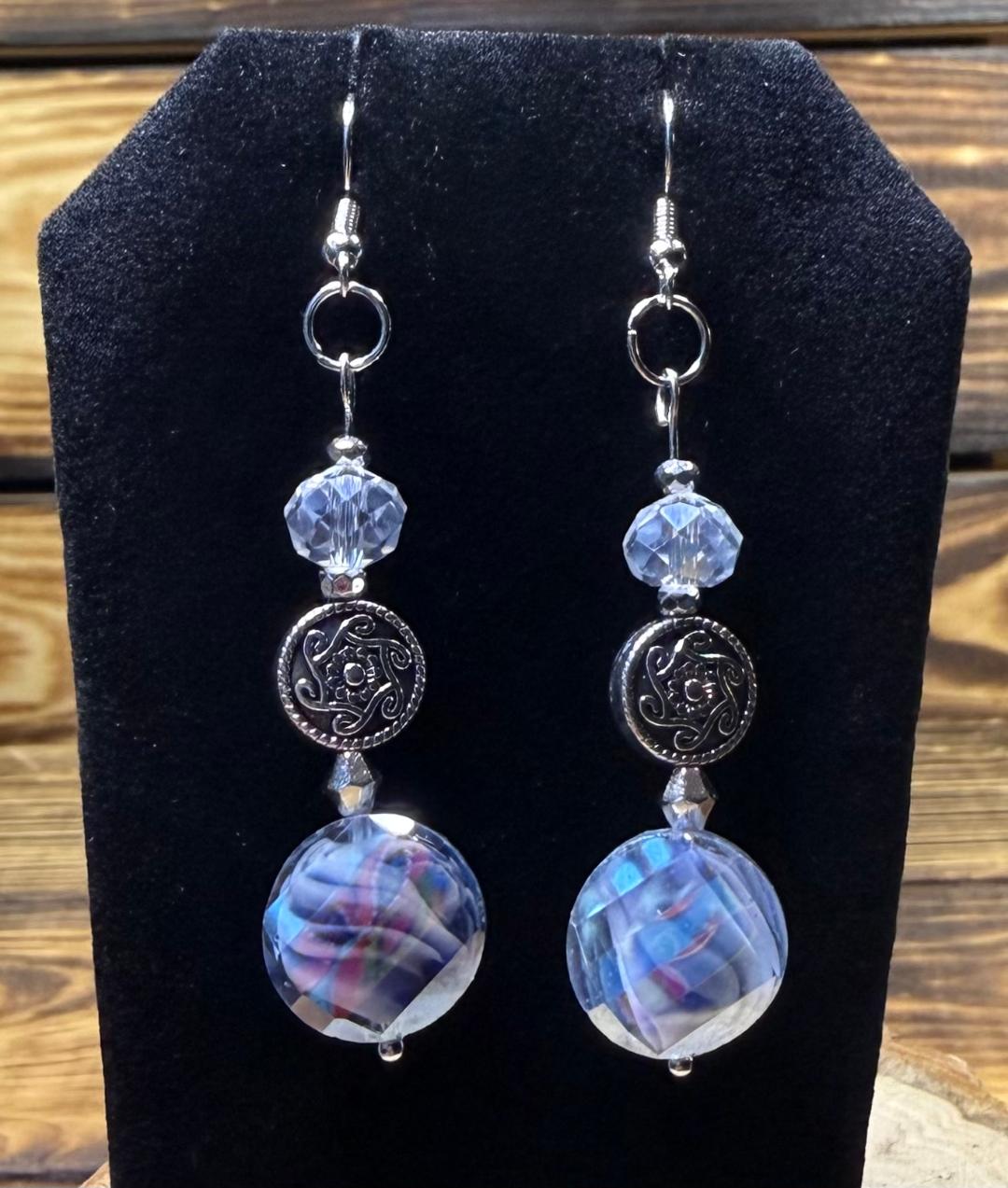 NEW Blue Marbled Glass Charm Earrings w/ Clear Glass Beads