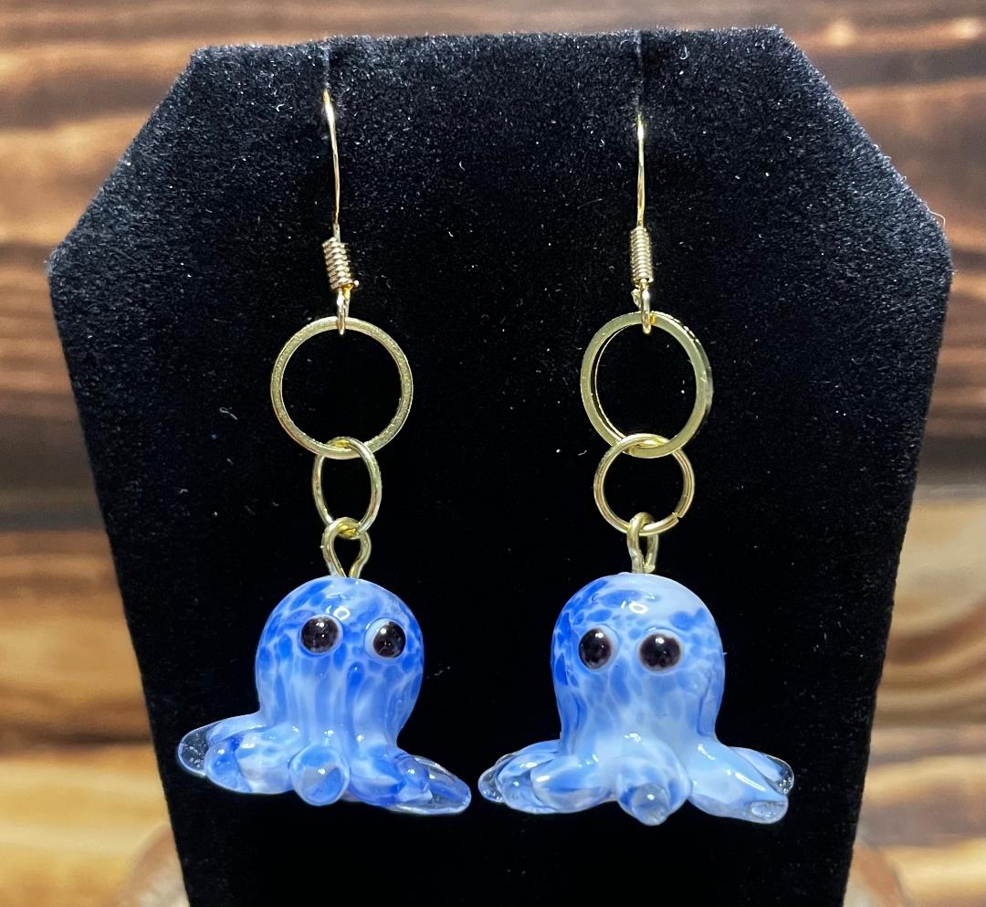 NEW Lampwork Marbled Glass Blue Octopus Earrings